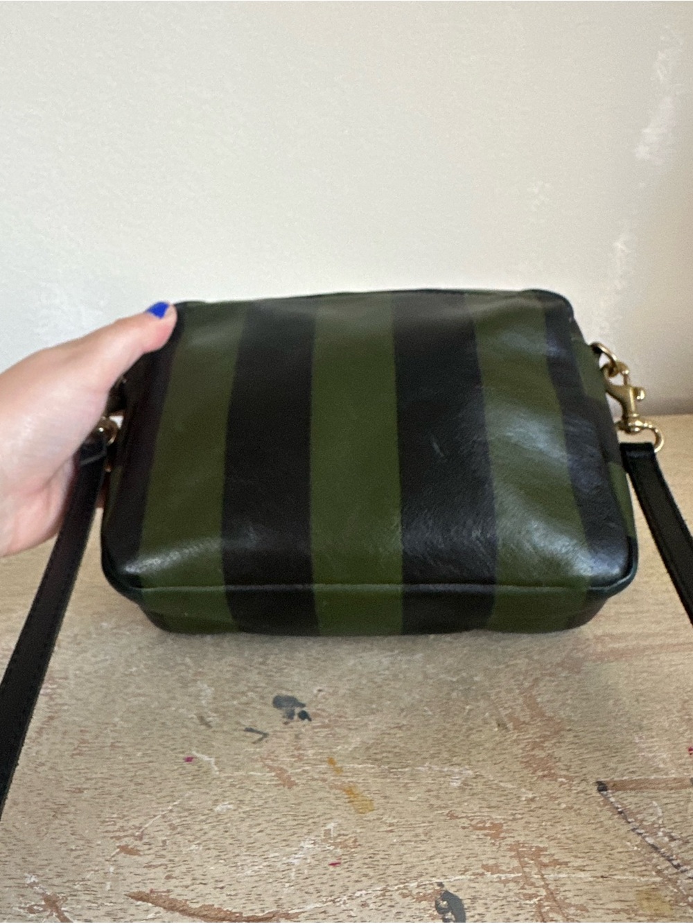 Clare V Striped Leather Crossbody Midi Sac Bag in Black/Fern Stripe - Picture 8 of 16